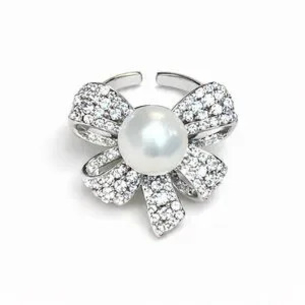 Elegant Silver Bow Pearl Ring